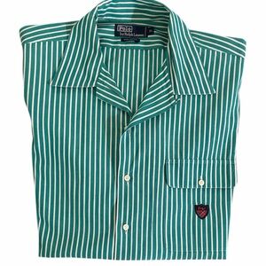 Ralph Lauren Green White Men XL Button Down Pocket Logo Stripe Polo Cotton Shirt